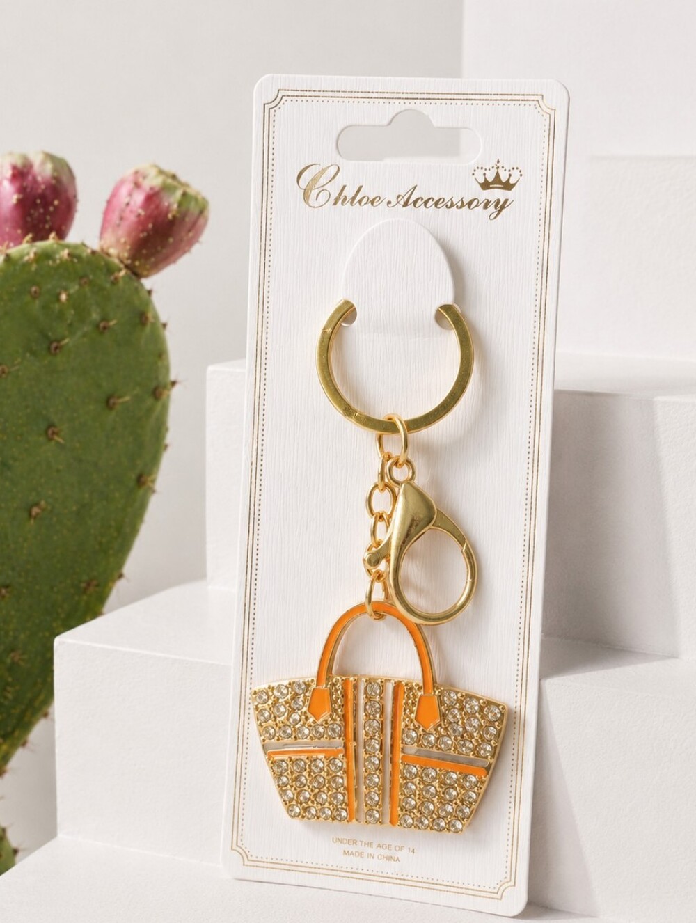 Women's Gold Rhinestone Handbag Keychain Bag Charm with Orange Accents GOLD